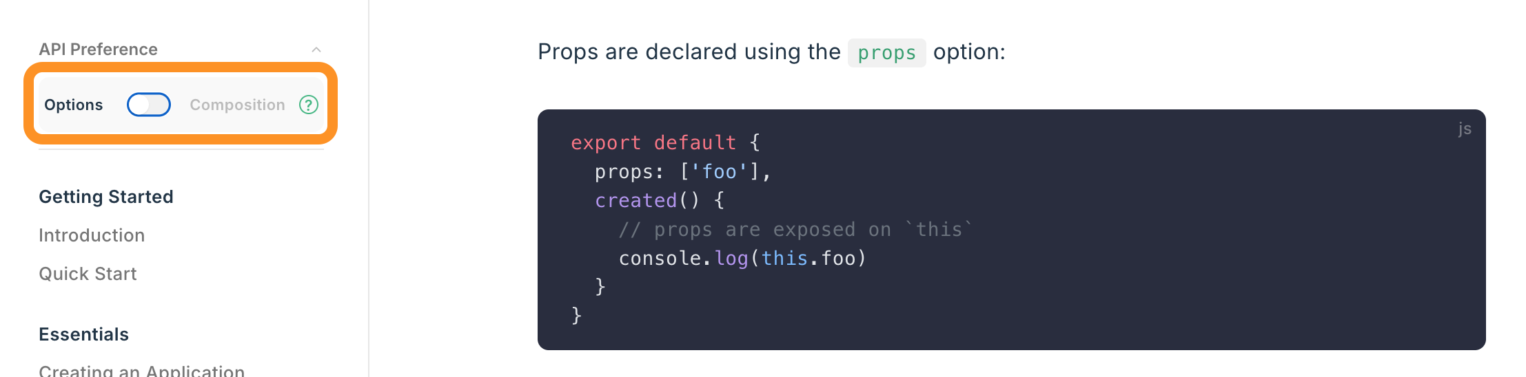 screenshot of Vue website with Options API selected